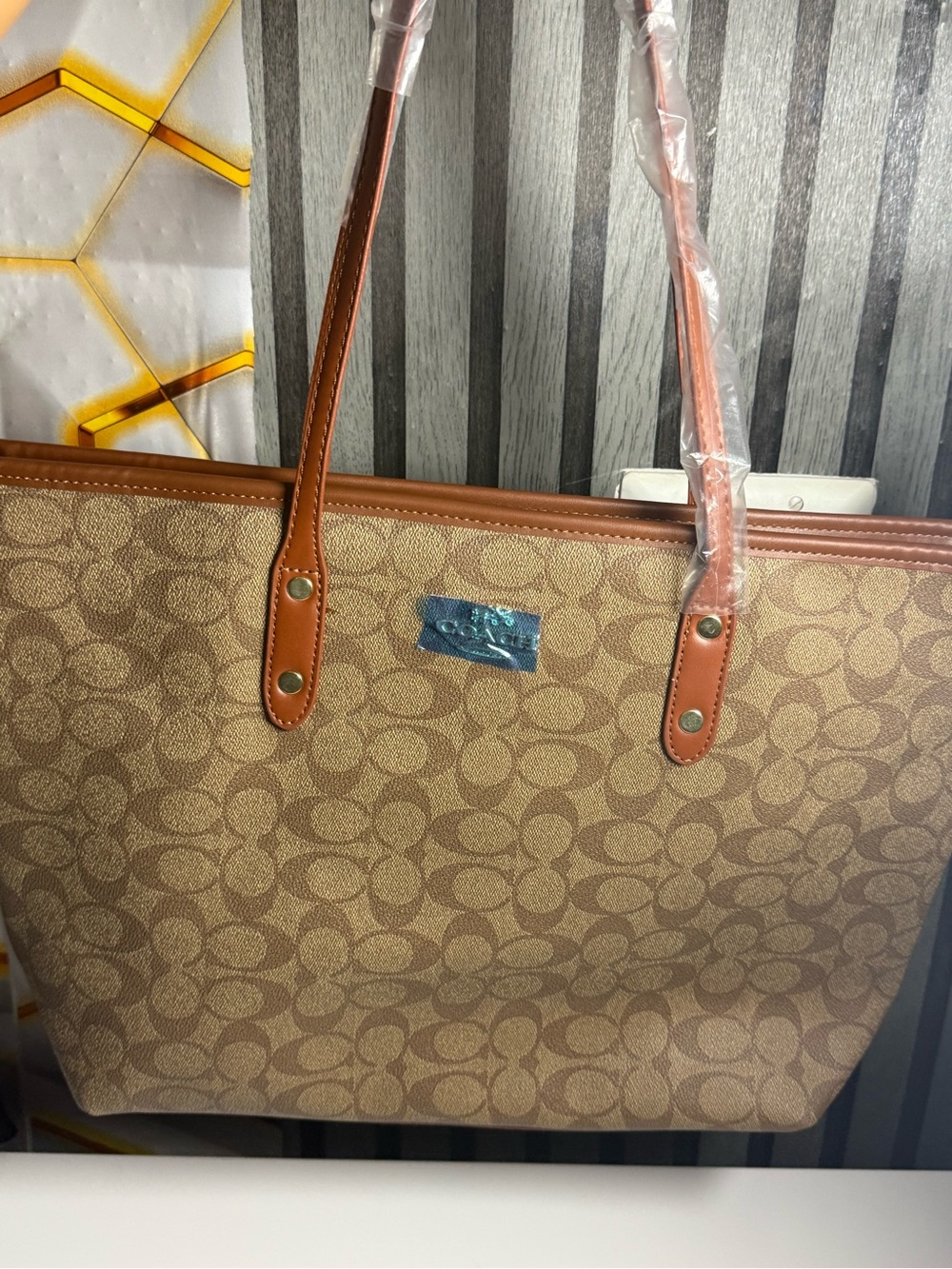 Coach Brown Signature Canvas Tote with Tan Leather Trim